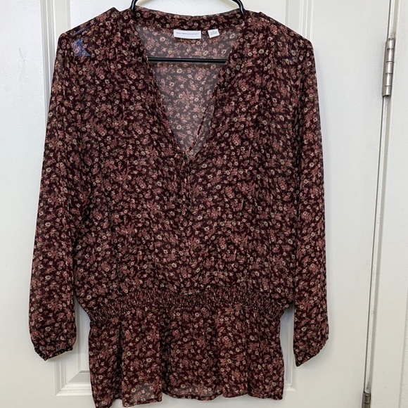New York & Company Tops - New York & Company Floral Blouse - Burgundy and Cream